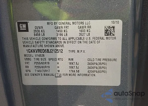 2011 GMC Acadia Slt-1 z USA, uszkodzony, nr VIN 1GKKVRED6BJ212512